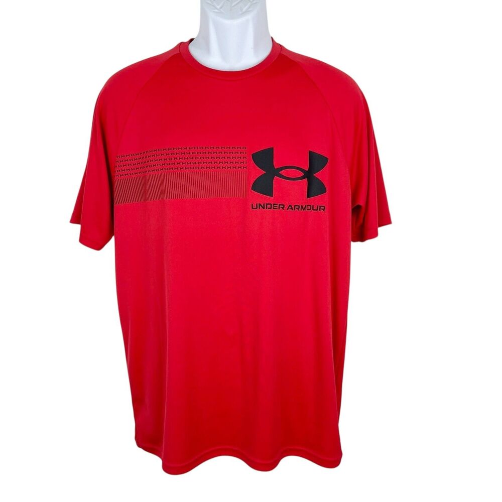Under Armour Shirt Men Large Red Short Sleeve Loose Heat Gear Athletic Active